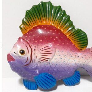 Talavera Pottery Fish Purple Pink Blue Mexico Signed 11" Folk Art Wall Decor